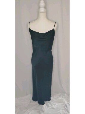 Zara Satin Effects Camisole Slip Maxi Dress Dark Green Black Sexy Fitted Sz S